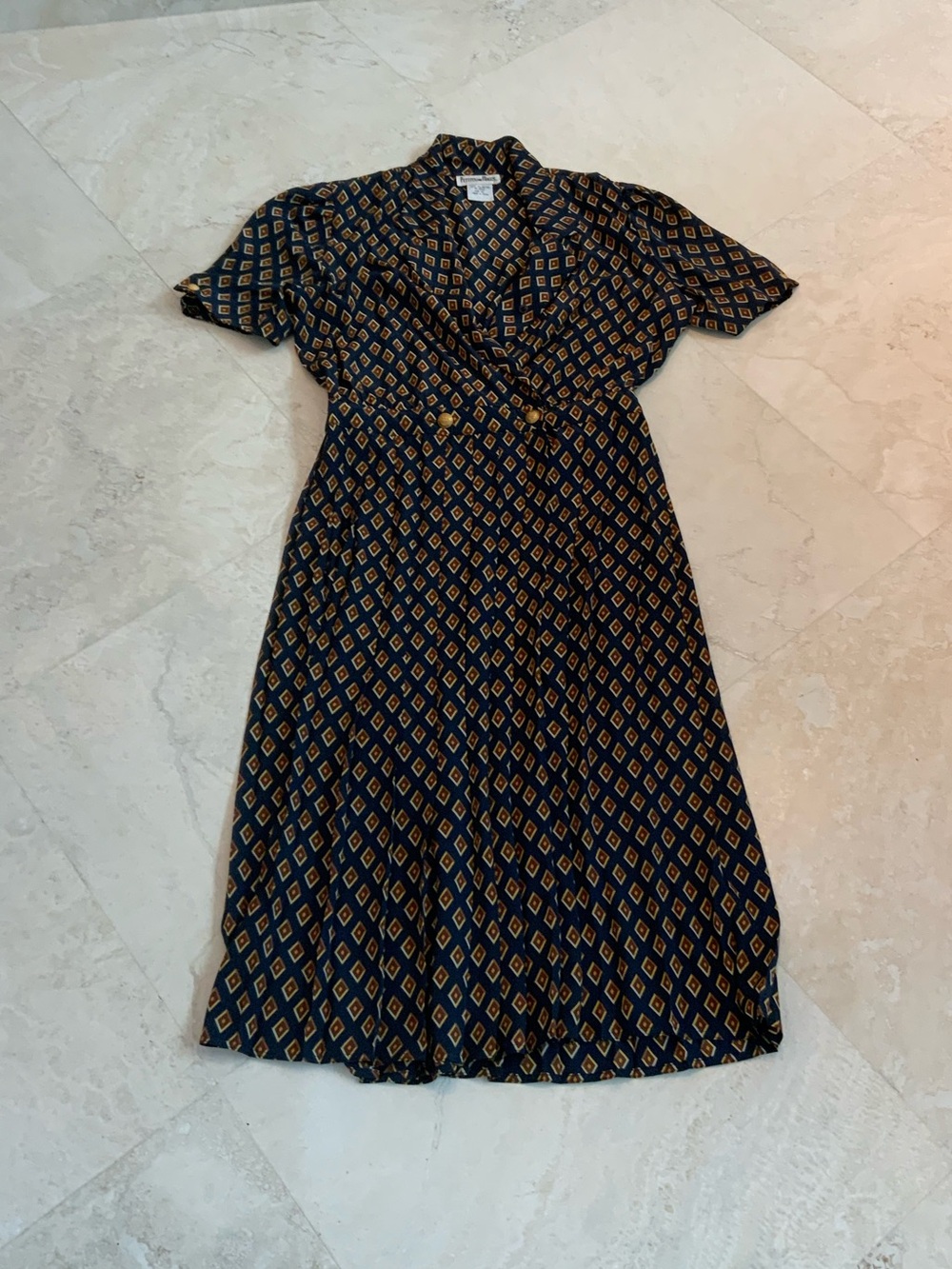 Vtg Petites for Maggy Dress Navy Gold Diamond Print Sz 12p